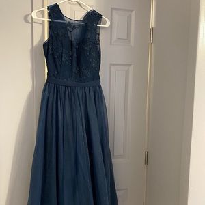 Tea length A-line lace and tulle bridesmaids dress